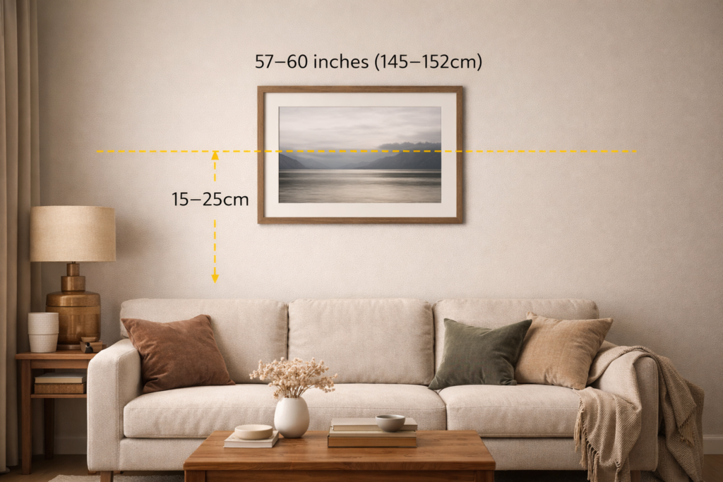 Wall art hung above sofa at correct height showing 57–60 inch eye level and 15–25cm spacing
