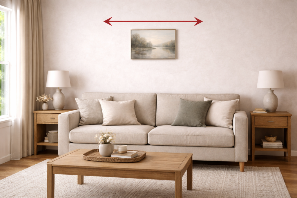 small wall art hung too high above a sofa creating poor proportion in a living room