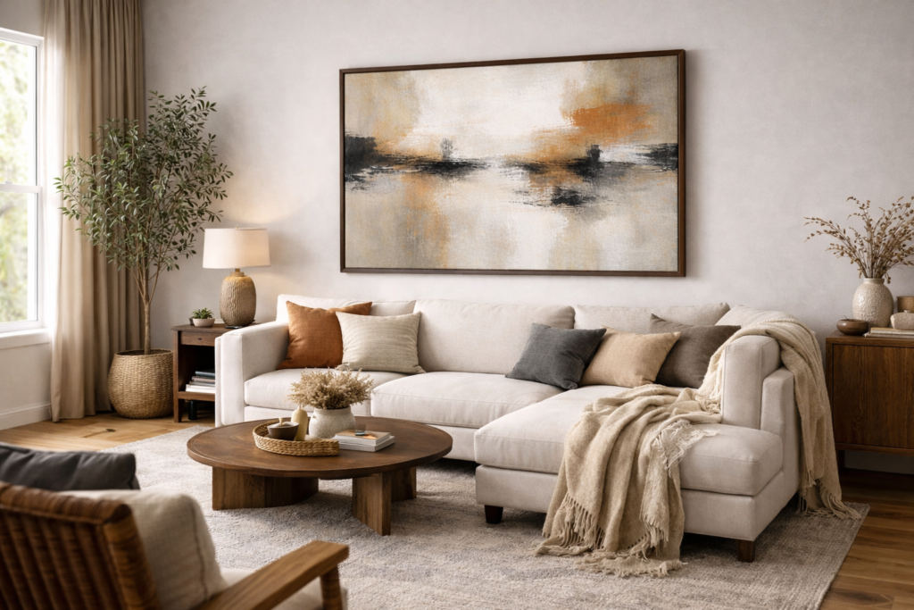 contemporary living room with large abstract wall art above a neutral sofa