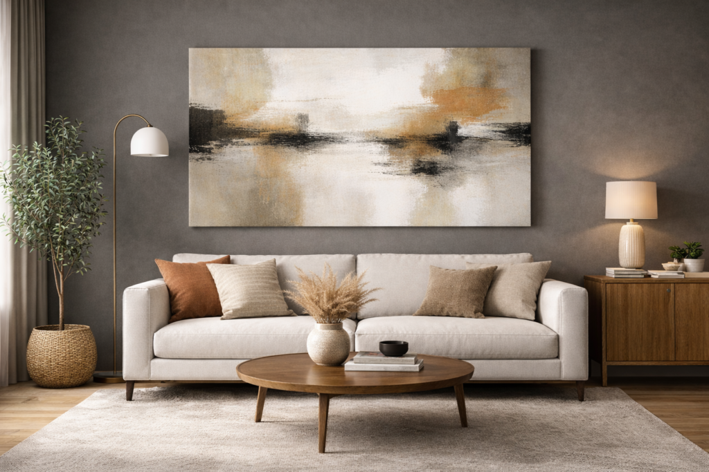 large abstract wall art above a beige sofa against a dark grey wall in a modern living room