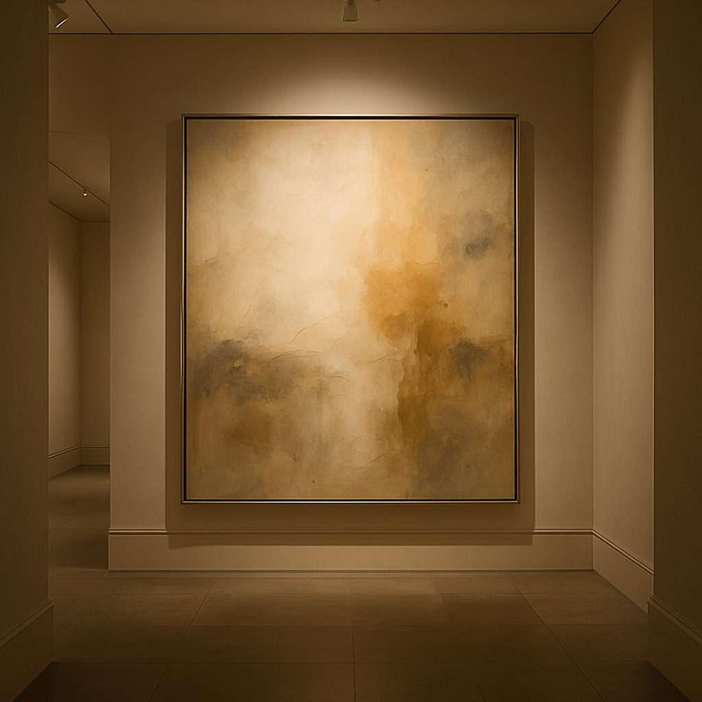 modern wall art displayed in a neutral interior space with warm lighting