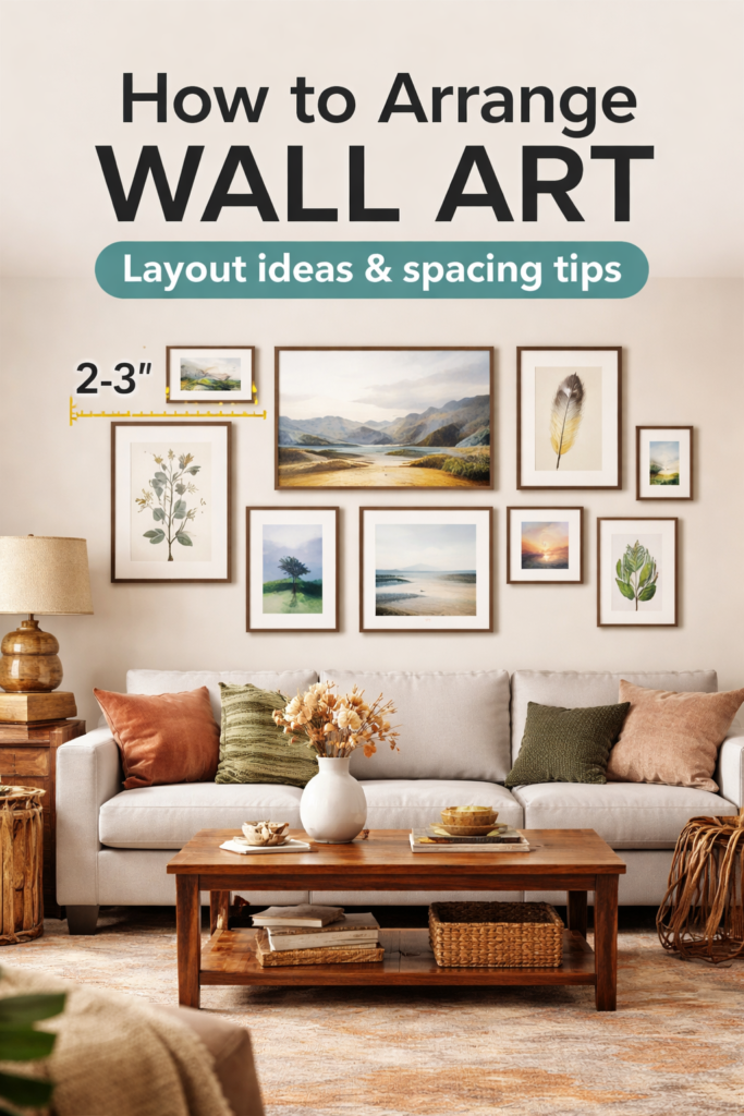 Gallery wall arrangement above sofa showing balanced spacing and layout of multiple framed wall art pieces