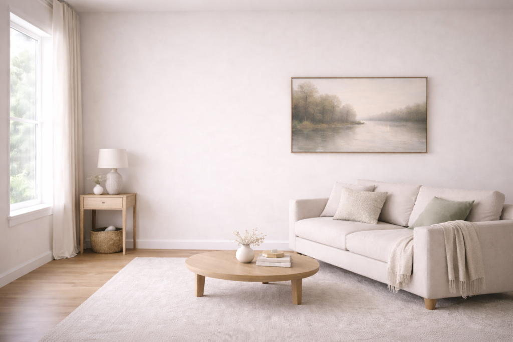 minimal living room with off centre wall art and large negative space creating a clean but balanced interior