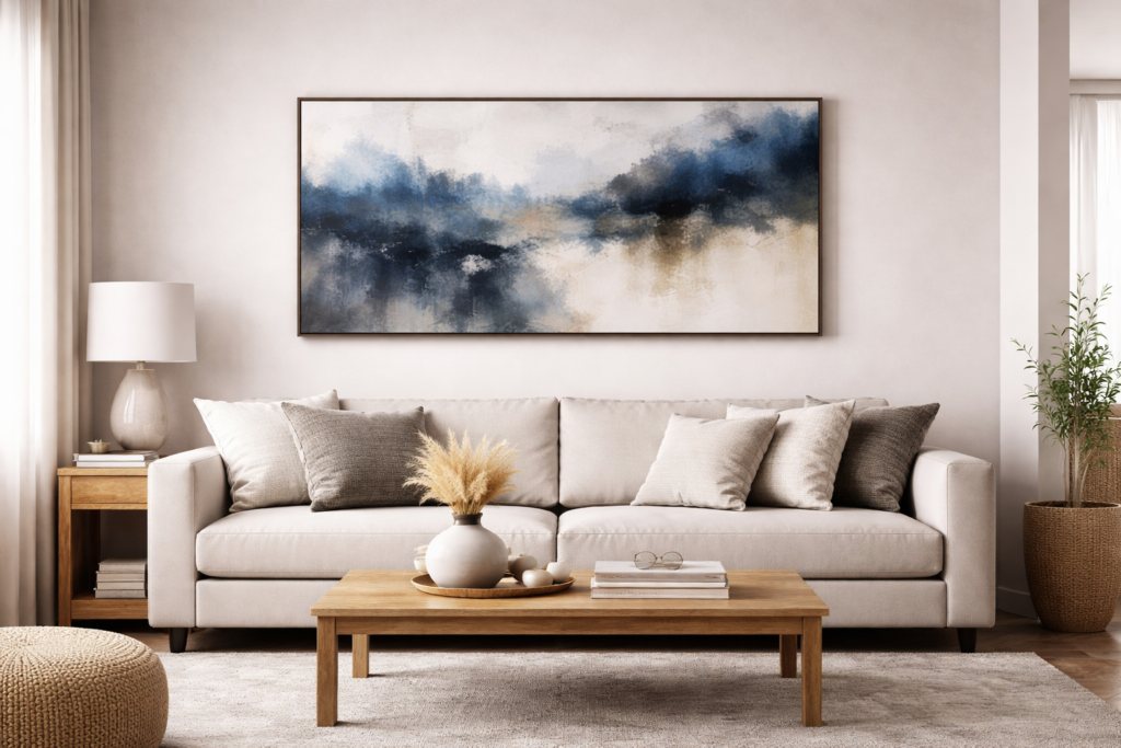 large abstract wall art above a neutral sofa in a modern living room