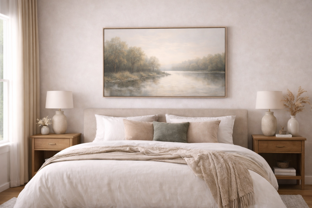 neutral bedroom with large landscape wall art above the bed in a calm interior setting