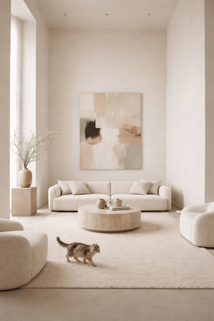 minimalist living room with high ceilings and large abstract wall art centred above a sofa