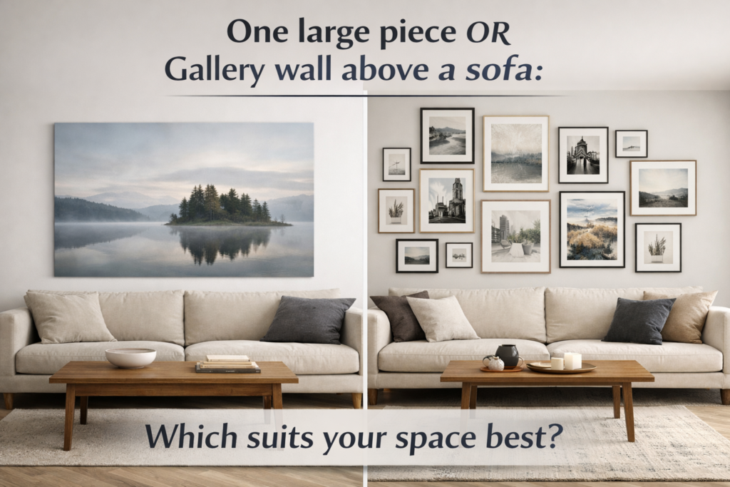 One large artwork versus gallery wall above a sofa comparison