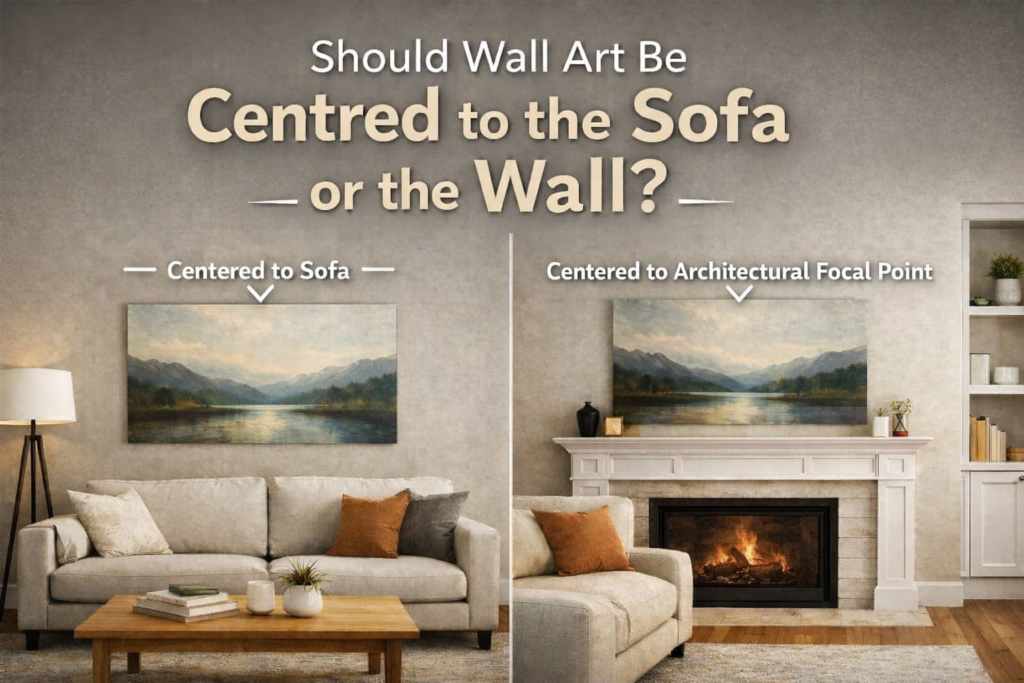 Should wall art be centred to the sofa or the architectural focal point