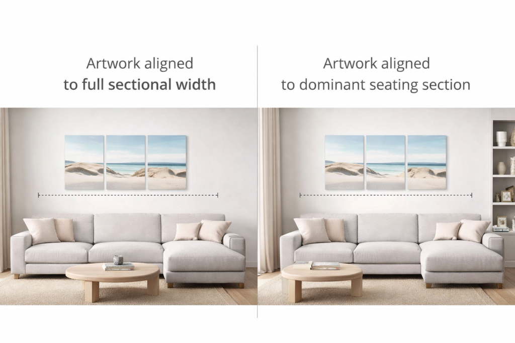 Wall art aligned to full sectional width versus dominant seating section