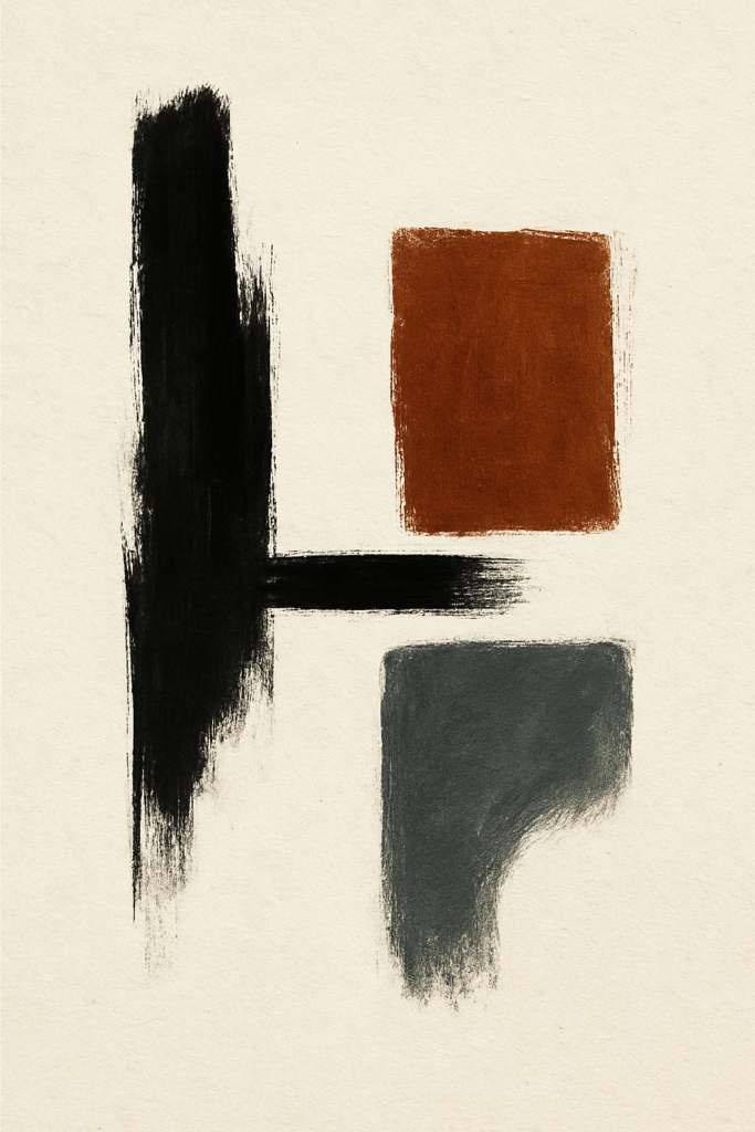 Minimalist abstract wall art featuring black, rust and grey geometric brushstrokes on a neutral background.